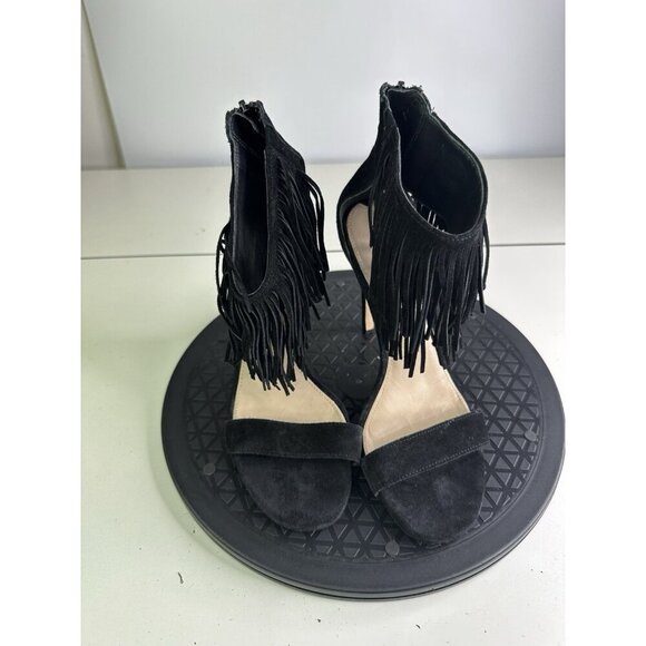 Via Spiga Black Suede Leather Leather Tabia Fringe Ankle Strap Sandals Size 7 - Picture 2 of 10